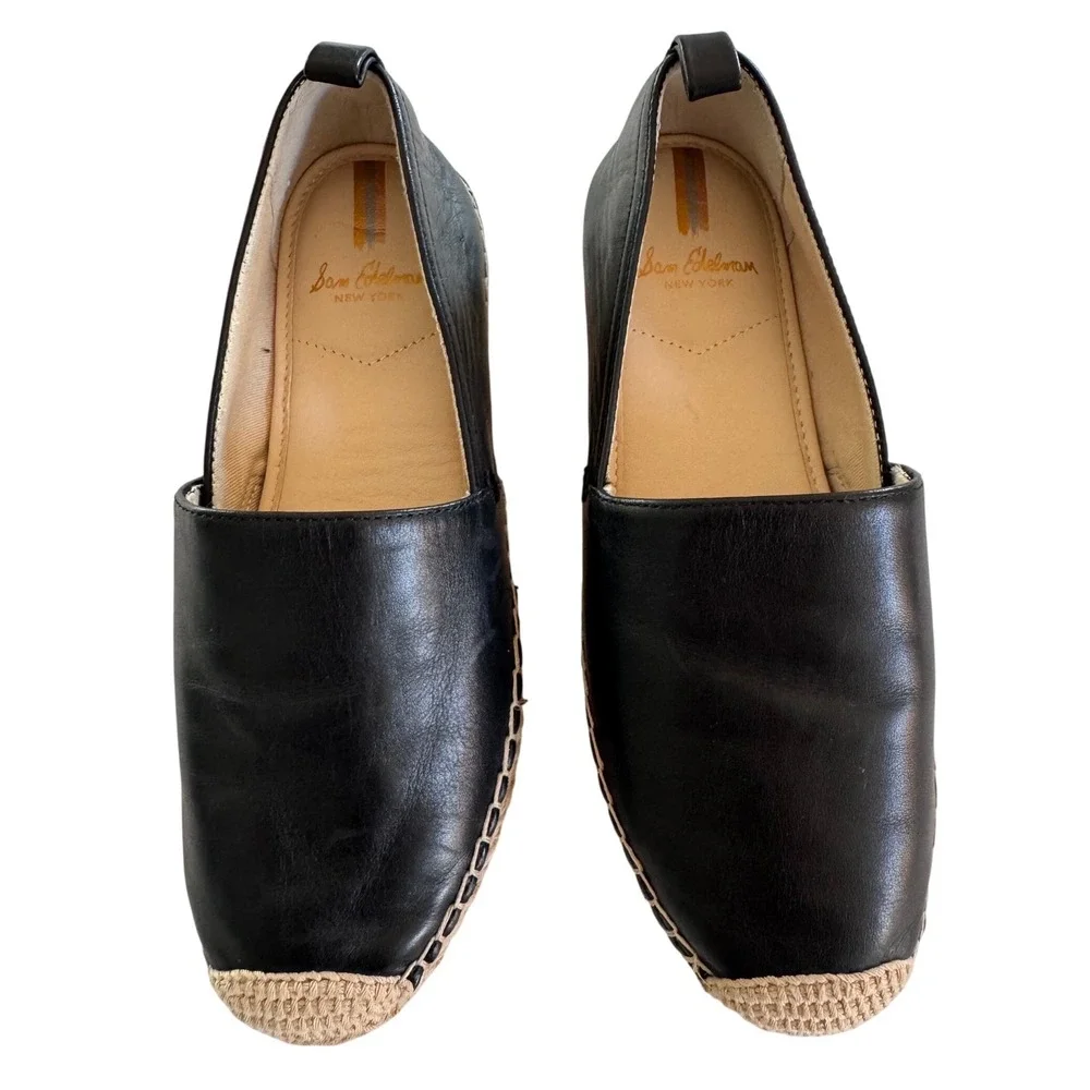 Sam Edelman Lynn Leather Espadrilles Black Slip On Flats Resort Coastal 8.5